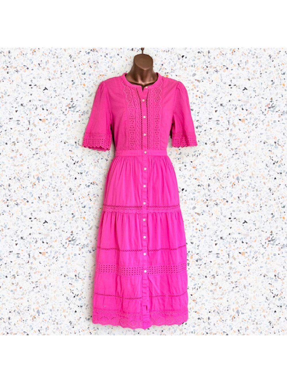 Gap Pink Eyelet Lace Midi Dress Romantic Barbie Cottagecore Tiered A-Line Sz M